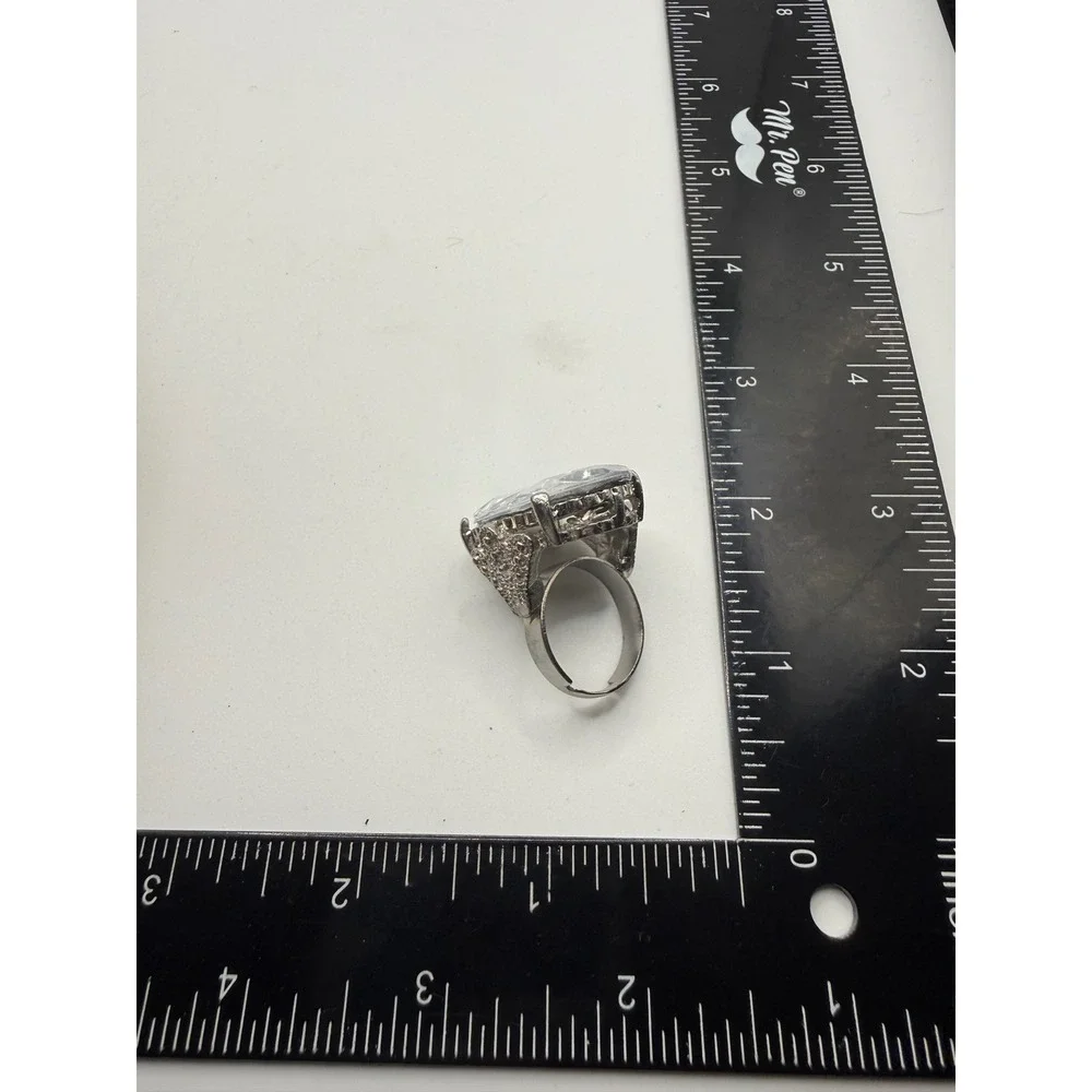 Large Oval Clear Crystal Statement Cocktail Ring‎ Silver Tone Adjustable Band